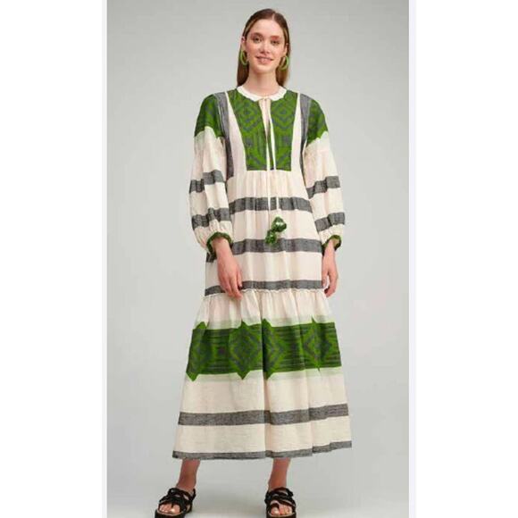 PEARL & CAVIAR Sz S/M Green Ivory Cotton Zakar Maxi Dress NWT - Picture 11 of 12